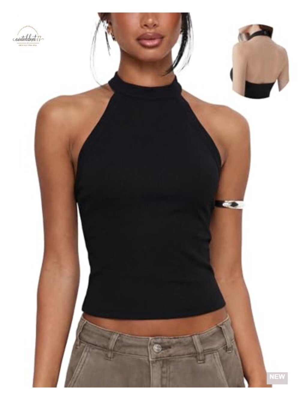 Halter Tank Top Women Open Back Backless High Neck Built in Bra Ribbed